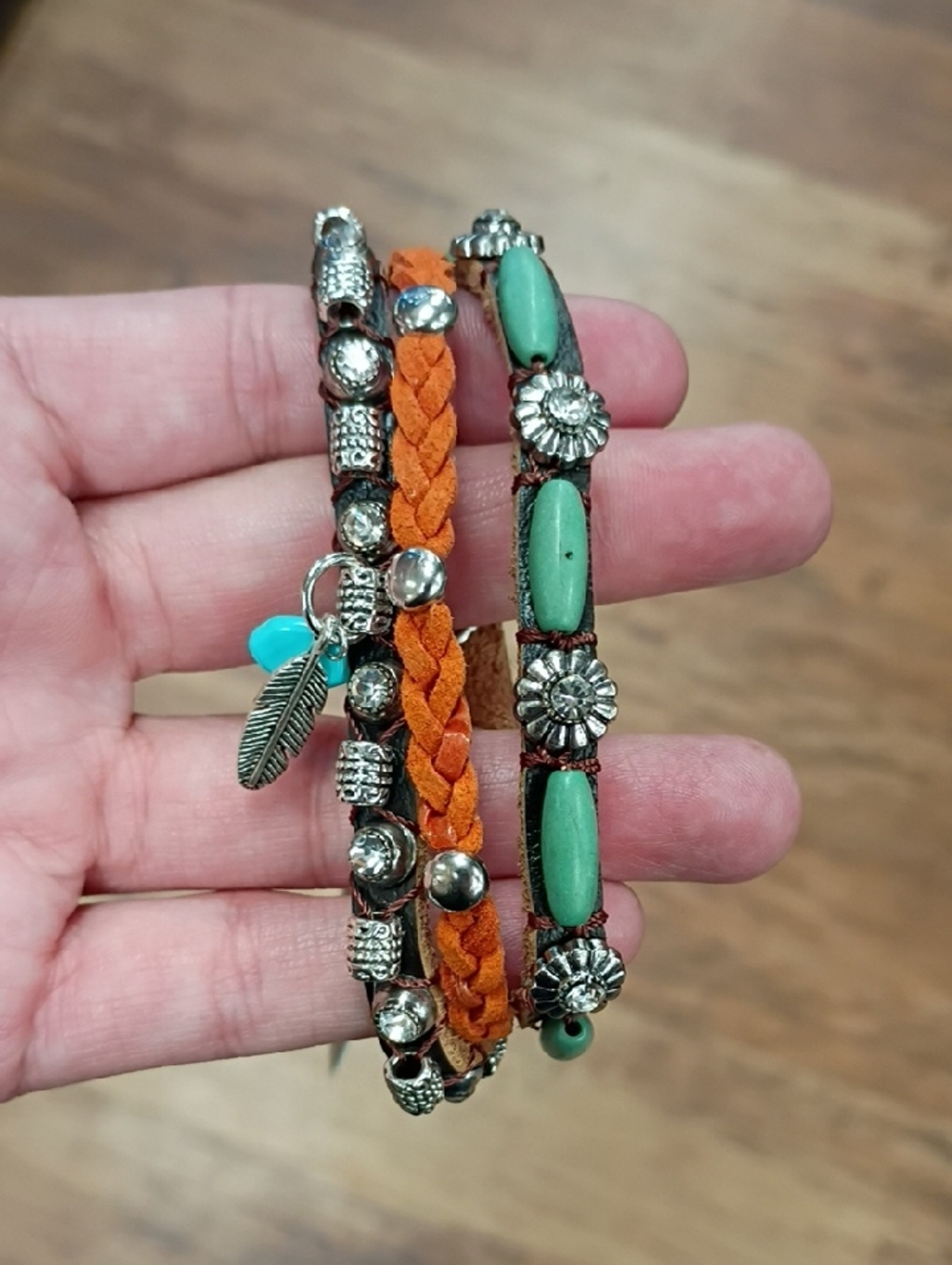 Boho Triple-Row Orange and Turquoise Bead Leather Bracelet